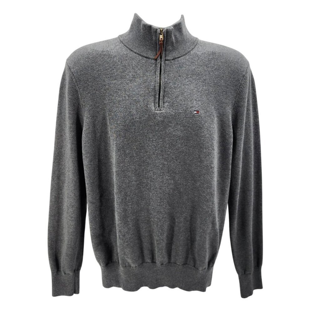Tommy Hilfiger Mens Large Sweater 1/4 Zip Gray Long Sleeve Stand Up Neck Cotton